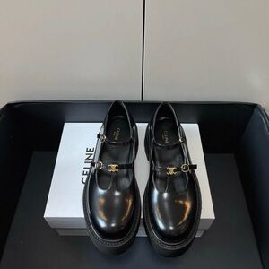 Celine Black Leather Loafers with Gold Buckles